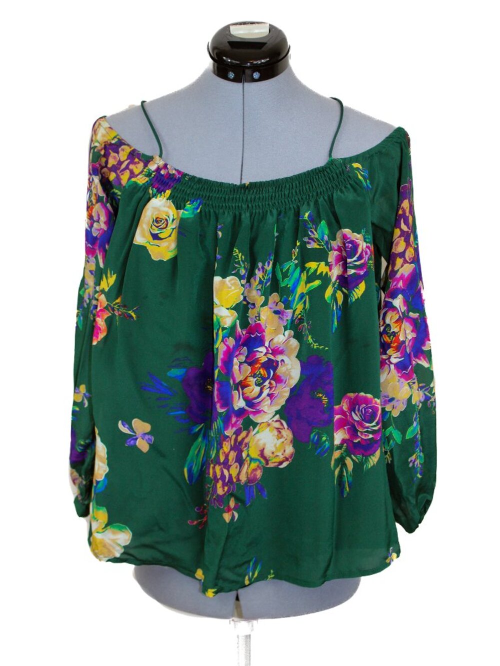 Anthropologie MAEVE XS Green Silk Blouse Tunic Floral Off The Shoulder Cottage